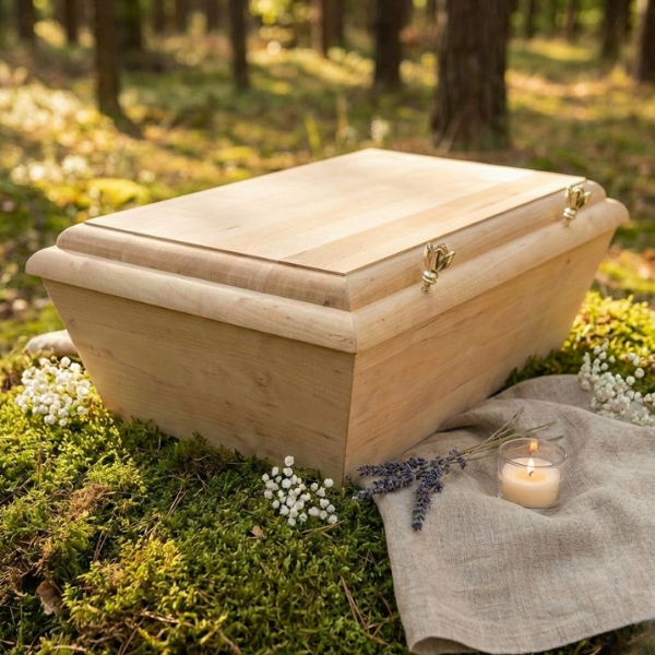 Würdevolle Tierbestattung im Wald mit einem biologisch abbaubaren Tiersarg aus Holz. Handgefertigter Sarg für Hunde und Katzen als Alternative zum Tierkrematorium.